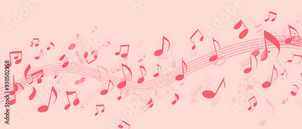 Fototapeta A vector illustration of a music notes banner, featuring a fresh pink color palette. The notes are stylized and float along curved lines that frame a central white space for text