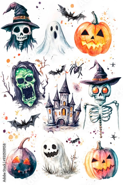 Fototapeta Halloween elements. Watercolor illustration isolated on white background