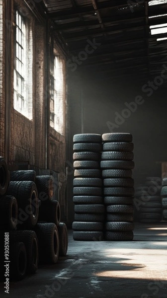 Fototapeta Sunlight illuminating stacks of tires in abandoned warehouse