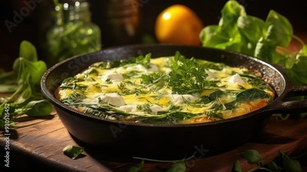 Fototapeta Frittata with Spinach and Feta. Best For Banner, Flyer, and Poster