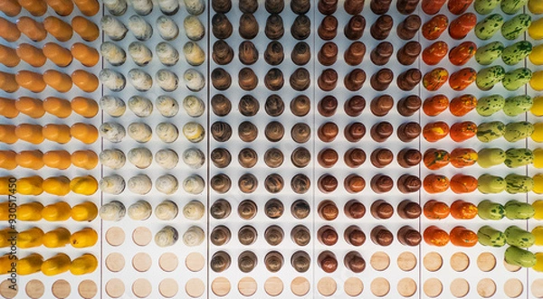 Obraz Top View of Chocolate  bon bons in yellow, white , brown, orange, green and lemon arranged in a grid