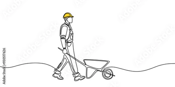 Fototapeta One line drawing of a construction worker with a wheelbarrow. Minimalist continuous line art of a builder and construction equipment. Vector illustration.
