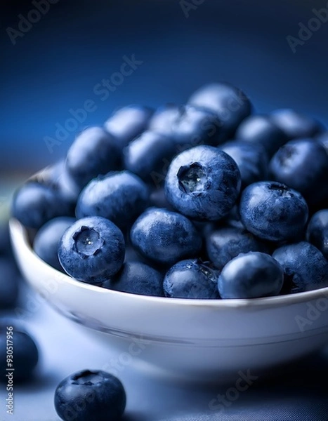 Fototapeta Extreme Close-Up of Plump, Fresh Blueberries Overflowing from a White Bowl, with Some Berries Spilling Over the Edge