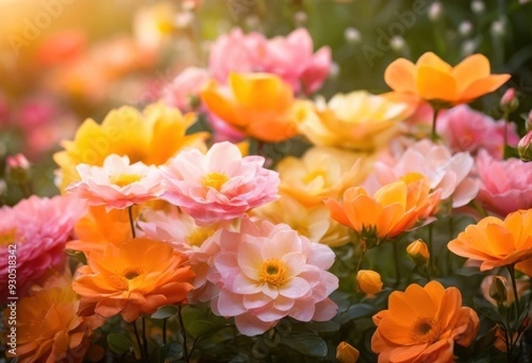 Fototapeta vibrant floral arrangements illuminated soft dawn light creating beautiful morning scene, flower, bloom, color, bright, nature, garden, petal, fresh