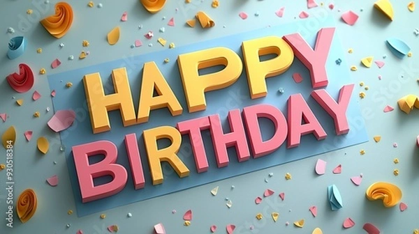 Fototapeta Playful 3D "HAPPY BIRTHDAY" text designed from colorful paper cutouts with bright overlapping shapes and dynamic shadows creating a cheerful and lively appearance.