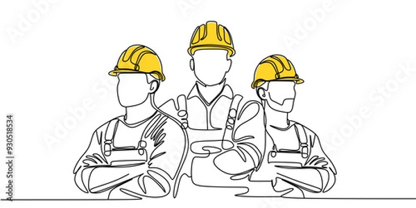Fototapeta One line drawing of male building builder groups wearing helmet. Great team work concept. Trendy continuous line draw design graphic vector illustration