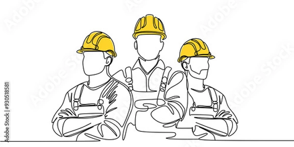 Fototapeta One line drawing of male building builder groups wearing helmet. Great team work concept. Trendy continuous line draw design graphic vector illustration