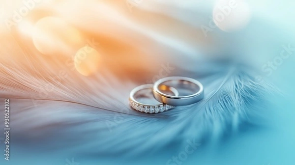 Obraz Two wedding rings resting on a soft feather with warm sunlight filtering through. Symbolizes love, marriage, and commitment.
