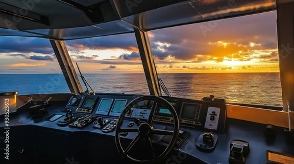 Obraz Sunset view from the ship's bridge