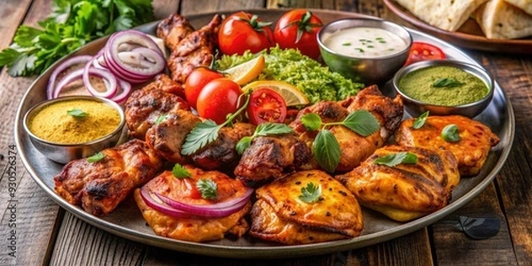 Fototapeta A mouthwatering chicken tandoori platter with a variety of Indian spices, grilled to perfection