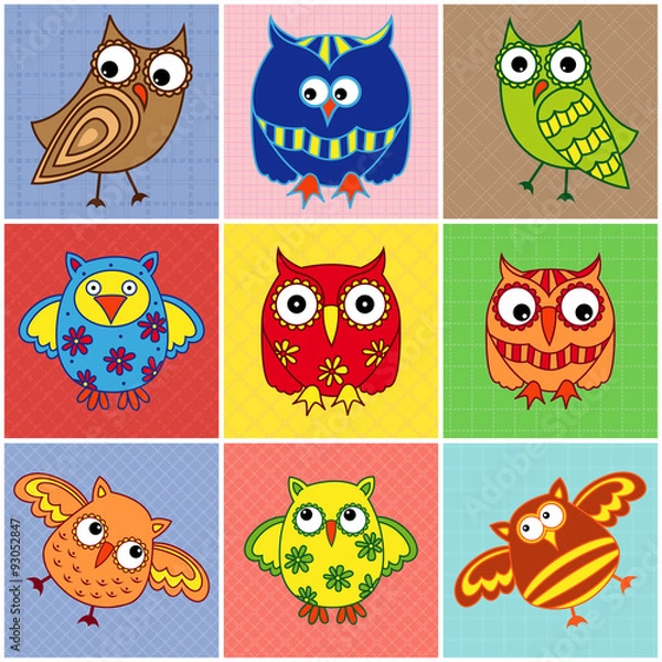 Fototapeta Nine amusing owls over square seamless patterns