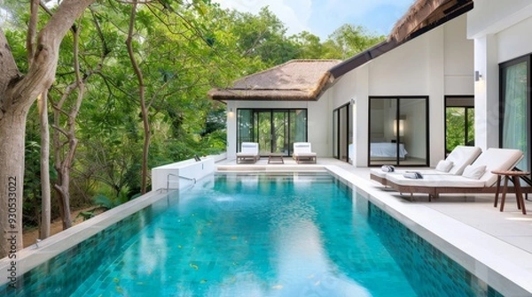 Fototapeta A large house with a pool and a fireplace