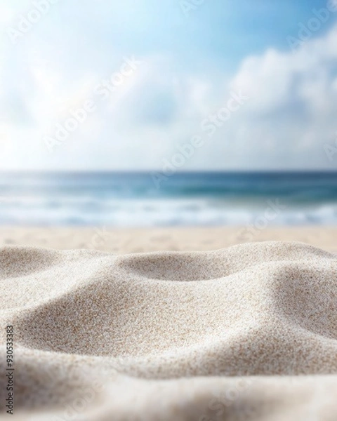 Fototapeta Serene beach scene with soft sand and a calm blue ocean under a bright sky, perfect for themes of relaxation, summer, and tranquility.