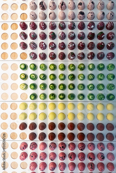 Obraz Top View of Chocolate  bon bons in yellow, brown, pink, maroon, green and lemon arranged in a grid