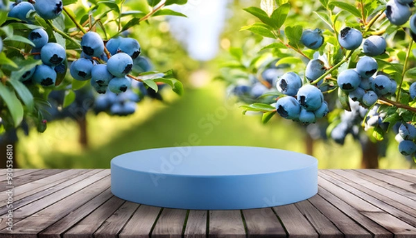 Fototapeta Joyful Empty podium for product presentation and Blueberry tree background.