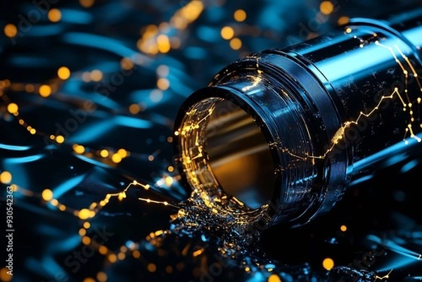 Fototapeta An abstract digital background banner featuring a gold barrel spilling black crude oil, with data connections in blue and black colors. This design symbolizes the intersection of energy, technology, a