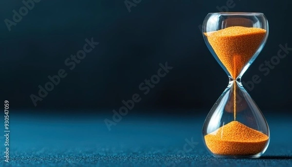 Fototapeta An elegant hourglass filled with orange sand, representing the passage of time in a serene and minimalist setting.