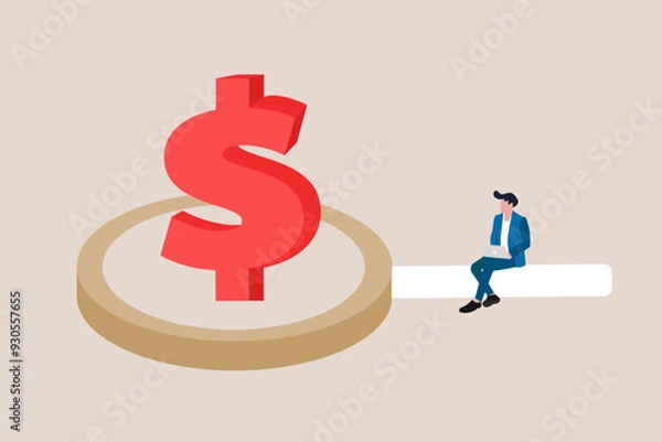 Fototapeta Businessman with magnifying glass looking for dollar. concept of Money check, financial and money saving tips