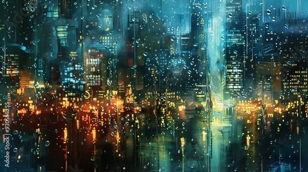 Fototapeta City Lights Through Rain Window