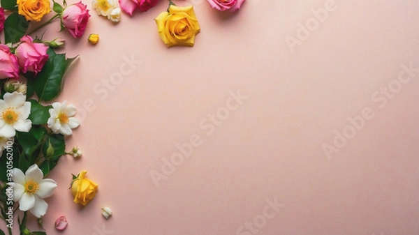 Fototapeta Elegant roses in old rose, yellow, and pink hues against a pastel wall. Perfect for wallpapers and backgrounds, adding a sophisticated and colorful touch to any space.