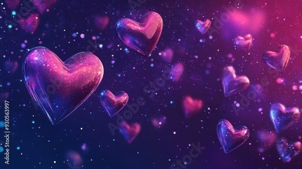 Fototapeta A vibrant scene of floating hearts in a cosmic background, symbolizing love and affection.