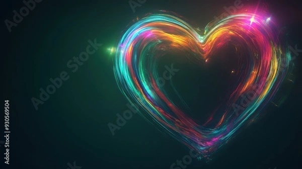 Fototapeta A vibrant, glowing heart shape made of colorful light swirls against a dark background.