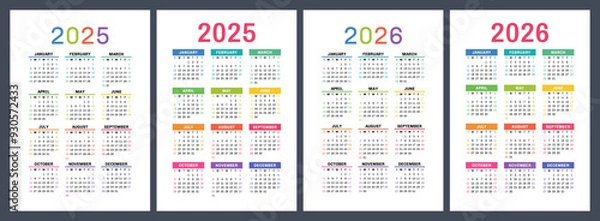 Fototapeta 2025 and 2026 calendar set. Vector pocket calender design. Week starts on Sunday. January, February, March, April, May, June, July, August, September, October, November, December