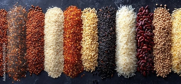 Fototapeta Assortment of various grains and legumes including quinoa, rice, lentils, and beans.