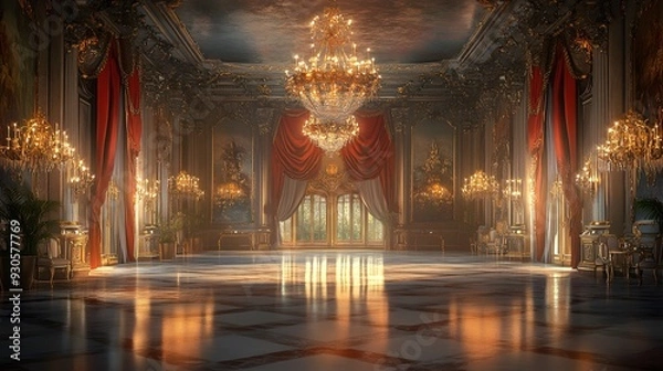 Fototapeta A grand ballroom, opulent chandeliers casting shimmering light across polished marble floors, richly detailed tapestries on the walls, soft drapes flowing from tall windows, a sense of timeless elegan