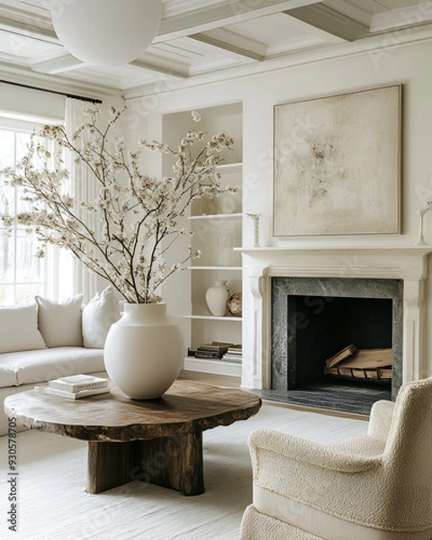 Obraz an editorial photograph of a bright off white traditional living room