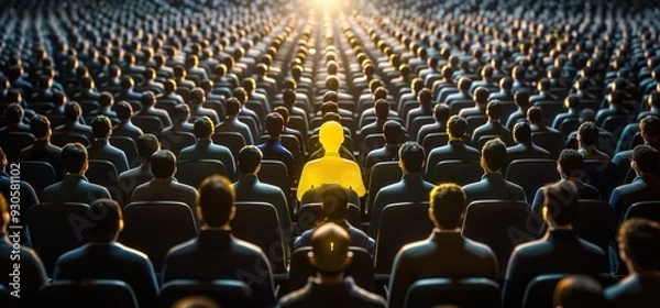 Fototapeta A single golden figure stands out in a crowd of dark figures, symbolizing individuality and leadership. The bright light behind the golden figure emphasizes its unique presence.