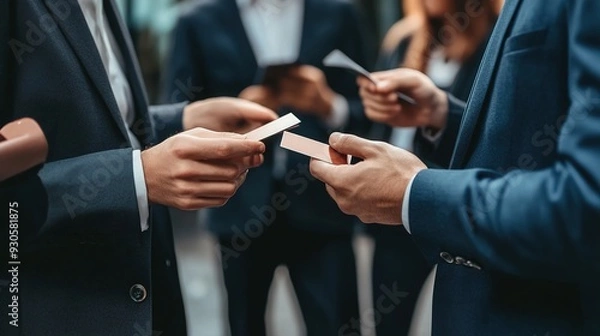 Fototapeta A group of business professionals networking, exchanging business cards, and engaging in discussions at a conference