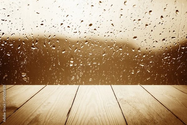 Obraz Abstract rain drops on a window or water drops on grass and wood