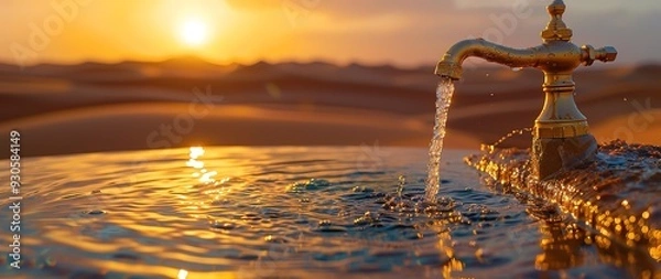 Fototapeta A golden faucet pours water into a pool with a desert sunset in the background. A symbol of life and hope in a dry environment.
