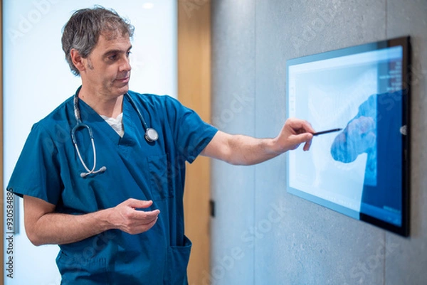 Fototapeta A veterinarian in blue scrubs attentively examines an X-ray image displayed on a digital screen, using a stylus to highlight key areas. The scene takes place in a modern veterinary clinic.