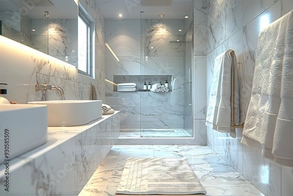 Obraz bathroom with marble sink and matching marble floors and walls with shower and frameless wall mirror, towel racks with clean towels and chrome fixtures, shower and LED lights 3D rendered.