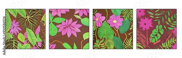 Fototapeta Set of 4 Botanical pattern for printing on wall decorations, covers. Artistic brush strokes.