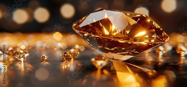 Fototapeta A large, sparkling diamond sits on a dark surface, reflecting the light from a blurred background of other diamonds and bokeh. A symbol of luxury, wealth, and beauty.
