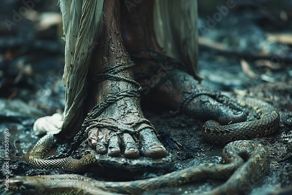 Fototapeta A man in a white robe and sandals, representing Jesus Christ, steps on a snake, crushing its head and body. This scene symbolizes God's promises from the Book of Genesis in the Bible.