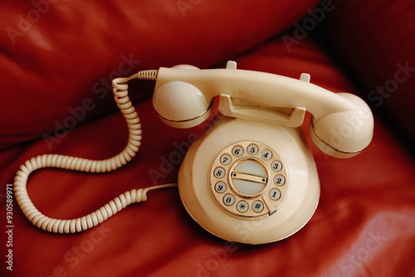 Fototapeta Vintage white telephone resting on a vibrant red leather sofa, capturing a nostalgic atmosphere