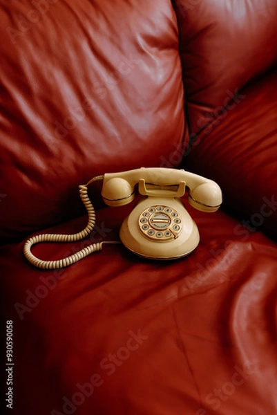 Fototapeta Classic white rotary phone placed on a bold red leather couch, evoking retro vibes