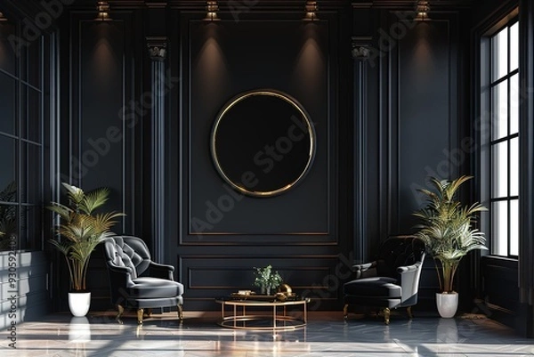 Obraz Classic black modern interior empty room with lounge armchairs, table and mirrors.