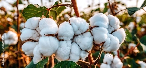 Fototapeta Closeup of white cotton bolls on a branch with green leaves. Cotton is a soft, fluffy staple fiber that grows in a boll, and is a natural and renewable resource.