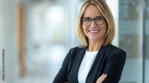 Fototapeta Confident businesswoman smiling in an office environment, showcasing professionalism and approachability.