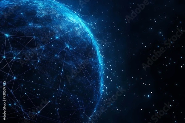 Fototapeta Abstract digital background banner featuring the Earth with data connection elements in blue and black colors