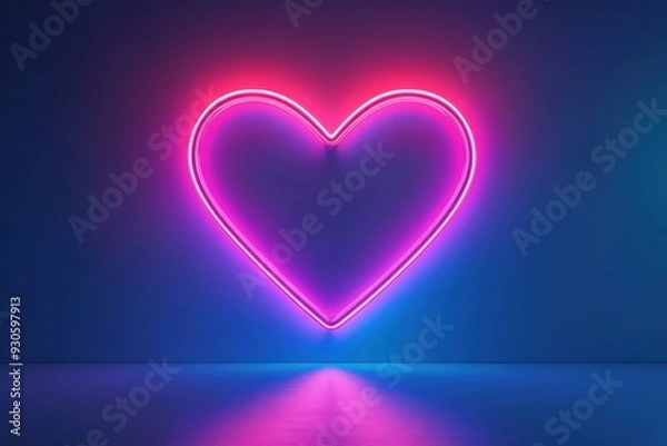 Fototapeta Neon glowing heart light on dark background with colorful reflections