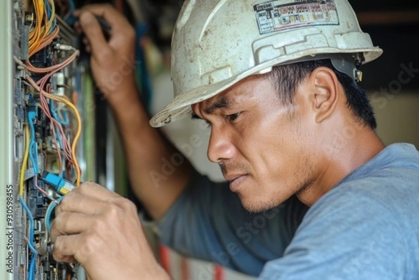 Fototapeta Close up of electrician working at construction site