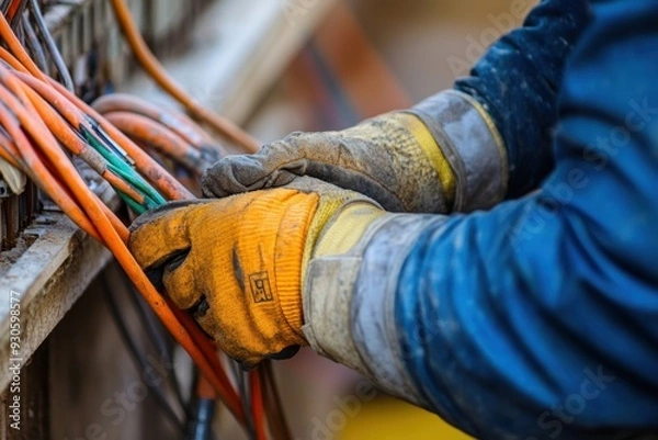 Fototapeta Close up of electrician working at construction site