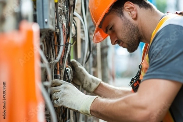 Fototapeta Close up of electrician working at construction site