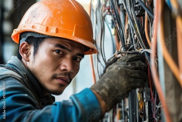 Fototapeta Close up of electrician working at construction site